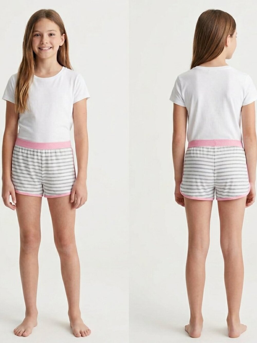 CALVIN KLEIN Little Girl's Grey & White Striped Shorts Pink Trim - Size L 10/12